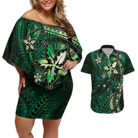 Hawaii Makahiki Season Couples Matching Off Shoulder Short Dress and Hawaiian Shirt Floral Tribal Tattoo Green Galaxy LT05 Green - Polynesian Pride
