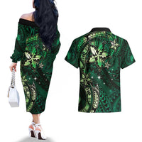 Hawaii Makahiki Season Couples Matching Off The Shoulder Long Sleeve Dress and Hawaiian Shirt Floral Tribal Tattoo Green Galaxy LT05 - Polynesian Pride
