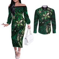 Hawaii Makahiki Season Couples Matching Off The Shoulder Long Sleeve Dress and Long Sleeve Button Shirt Floral Tribal Tattoo Green Galaxy LT05 Green - Polynesian Pride