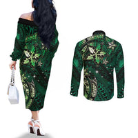 Hawaii Makahiki Season Couples Matching Off The Shoulder Long Sleeve Dress and Long Sleeve Button Shirt Floral Tribal Tattoo Green Galaxy LT05 - Polynesian Pride