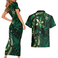 Hawaii Makahiki Season Couples Matching Short Sleeve Bodycon Dress and Hawaiian Shirt Floral Tribal Tattoo Green Galaxy LT05 - Polynesian Pride