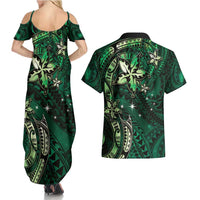 Hawaii Makahiki Season Couples Matching Summer Maxi Dress and Hawaiian Shirt Floral Tribal Tattoo Green Galaxy LT05 - Polynesian Pride