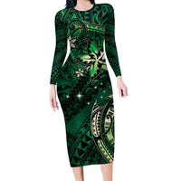 Hawaii Makahiki Season Family Matching Long Sleeve Bodycon Dress and Hawaiian Shirt Floral Tribal Tattoo Green Galaxy LT05 Mom's Dress Green - Polynesian Pride