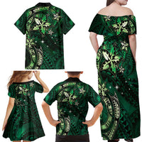Hawaii Makahiki Season Family Matching Off Shoulder Maxi Dress and Hawaiian Shirt Floral Tribal Tattoo Green Galaxy LT05 - Polynesian Pride