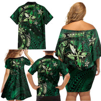Hawaii Makahiki Season Family Matching Off Shoulder Short Dress and Hawaiian Shirt Floral Tribal Tattoo Green Galaxy LT05 - Polynesian Pride
