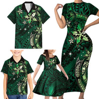 Hawaii Makahiki Season Family Matching Short Sleeve Bodycon Dress and Hawaiian Shirt Floral Tribal Tattoo Green Galaxy LT05 - Polynesian Pride