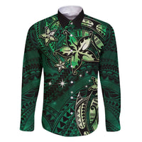 Hawaii Makahiki Season Family Matching Short Sleeve Bodycon Dress and Hawaiian Shirt Floral Tribal Tattoo Green Galaxy LT05 Dad's Shirt - Long Sleeve Green - Polynesian Pride