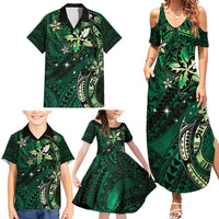 Hawaii Makahiki Season Family Matching Summer Maxi Dress and Hawaiian Shirt Floral Tribal Tattoo Green Galaxy LT05 - Polynesian Pride