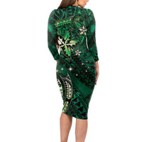 Hawaii Makahiki Season Long Sleeve Bodycon Dress Floral Tribal Tattoo Green Galaxy LT05 - Polynesian Pride