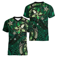 Hawaii Makahiki Season Women V-Neck T-Shirt Floral Tribal Tattoo Green Galaxy