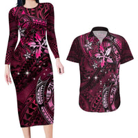 Hawaii Makahiki Season Couples Matching Long Sleeve Bodycon Dress and Hawaiian Shirt Floral Tribal Tattoo Pink Galaxy LT05 Pink - Polynesian Pride