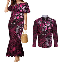 Hawaii Makahiki Season Couples Matching Mermaid Dress and Long Sleeve Button Shirt Floral Tribal Tattoo Pink Galaxy LT05 Pink - Polynesian Pride