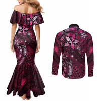 Hawaii Makahiki Season Couples Matching Mermaid Dress and Long Sleeve Button Shirt Floral Tribal Tattoo Pink Galaxy LT05 - Polynesian Pride