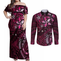 Hawaii Makahiki Season Couples Matching Off Shoulder Maxi Dress and Long Sleeve Button Shirt Floral Tribal Tattoo Pink Galaxy LT05 Pink - Polynesian Pride