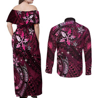 Hawaii Makahiki Season Couples Matching Off Shoulder Maxi Dress and Long Sleeve Button Shirt Floral Tribal Tattoo Pink Galaxy LT05 - Polynesian Pride