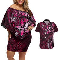 Hawaii Makahiki Season Couples Matching Off Shoulder Short Dress and Hawaiian Shirt Floral Tribal Tattoo Pink Galaxy LT05 Pink - Polynesian Pride