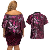 Hawaii Makahiki Season Couples Matching Off Shoulder Short Dress and Hawaiian Shirt Floral Tribal Tattoo Pink Galaxy LT05 - Polynesian Pride