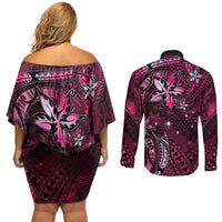 Hawaii Makahiki Season Couples Matching Off Shoulder Short Dress and Long Sleeve Button Shirt Floral Tribal Tattoo Pink Galaxy LT05 - Polynesian Pride