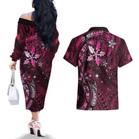 Hawaii Makahiki Season Couples Matching Off The Shoulder Long Sleeve Dress and Hawaiian Shirt Floral Tribal Tattoo Pink Galaxy LT05 - Polynesian Pride