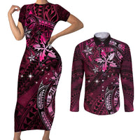Hawaii Makahiki Season Couples Matching Short Sleeve Bodycon Dress and Long Sleeve Button Shirt Floral Tribal Tattoo Pink Galaxy LT05 Pink - Polynesian Pride