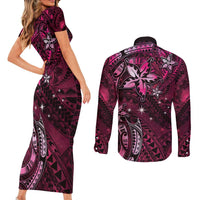 Hawaii Makahiki Season Couples Matching Short Sleeve Bodycon Dress and Long Sleeve Button Shirt Floral Tribal Tattoo Pink Galaxy LT05 - Polynesian Pride
