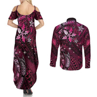 Hawaii Makahiki Season Couples Matching Summer Maxi Dress and Long Sleeve Button Shirt Floral Tribal Tattoo Pink Galaxy LT05 - Polynesian Pride