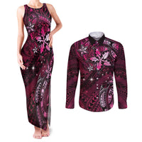 Hawaii Makahiki Season Couples Matching Tank Maxi Dress and Long Sleeve Button Shirt Floral Tribal Tattoo Pink Galaxy LT05 Pink - Polynesian Pride