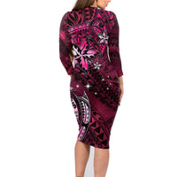 Hawaii Makahiki Season Family Matching Long Sleeve Bodycon Dress and Hawaiian Shirt Floral Tribal Tattoo Pink Galaxy LT05 - Polynesian Pride