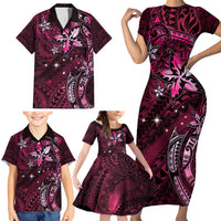 Hawaii Makahiki Season Family Matching Short Sleeve Bodycon Dress and Hawaiian Shirt Floral Tribal Tattoo Pink Galaxy LT05 - Polynesian Pride