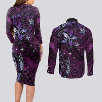 Hawaii Makahiki Season Couples Matching Long Sleeve Bodycon Dress and Long Sleeve Button Shirt Floral Tribal Tattoo Purple Galaxy LT05 - Polynesian Pride