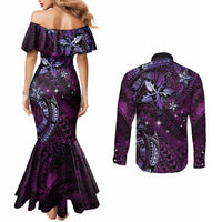 Hawaii Makahiki Season Couples Matching Mermaid Dress and Long Sleeve Button Shirt Floral Tribal Tattoo Purple Galaxy LT05 - Polynesian Pride