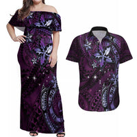 Hawaii Makahiki Season Couples Matching Off Shoulder Maxi Dress and Hawaiian Shirt Floral Tribal Tattoo Purple Galaxy LT05 Purple - Polynesian Pride