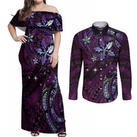 Hawaii Makahiki Season Couples Matching Off Shoulder Maxi Dress and Long Sleeve Button Shirt Floral Tribal Tattoo Purple Galaxy LT05 Purple - Polynesian Pride