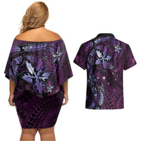 Hawaii Makahiki Season Couples Matching Off Shoulder Short Dress and Hawaiian Shirt Floral Tribal Tattoo Purple Galaxy LT05 - Polynesian Pride