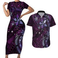 Hawaii Makahiki Season Couples Matching Short Sleeve Bodycon Dress and Hawaiian Shirt Floral Tribal Tattoo Purple Galaxy LT05 Purple - Polynesian Pride