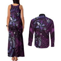 Hawaii Makahiki Season Couples Matching Tank Maxi Dress and Long Sleeve Button Shirt Floral Tribal Tattoo Purple Galaxy LT05 - Polynesian Pride