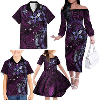 Hawaii Makahiki Season Family Matching Off The Shoulder Long Sleeve Dress and Hawaiian Shirt Floral Tribal Tattoo Purple Galaxy LT05 - Polynesian Pride