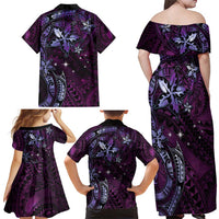 Hawaii Makahiki Season Family Matching Off Shoulder Maxi Dress and Hawaiian Shirt Floral Tribal Tattoo Purple Galaxy LT05 - Polynesian Pride
