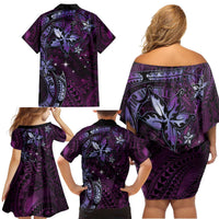 Hawaii Makahiki Season Family Matching Off Shoulder Short Dress and Hawaiian Shirt Floral Tribal Tattoo Purple Galaxy LT05 - Polynesian Pride