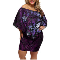 Hawaii Makahiki Season Family Matching Off Shoulder Short Dress and Hawaiian Shirt Floral Tribal Tattoo Purple Galaxy LT05 Mom's Dress Purple - Polynesian Pride