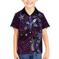 Hawaii Makahiki Season Family Matching Off Shoulder Short Dress and Hawaiian Shirt Floral Tribal Tattoo Purple Galaxy LT05 Son's Shirt Purple - Polynesian Pride