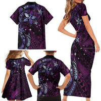 Hawaii Makahiki Season Family Matching Short Sleeve Bodycon Dress and Hawaiian Shirt Floral Tribal Tattoo Purple Galaxy LT05 - Polynesian Pride