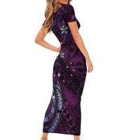Hawaii Makahiki Season Family Matching Short Sleeve Bodycon Dress and Hawaiian Shirt Floral Tribal Tattoo Purple Galaxy LT05 - Polynesian Pride