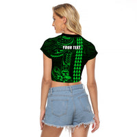 Personalized Hawaii Hauoli Makahiki Hou Raglan Cropped T Shirt Lono Hawaiian God Kakau Polynesian Tribal Green LT05 - Polynesian Pride
