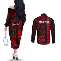 Personalized Hawaii Hauoli Makahiki Hou Couples Matching Off The Shoulder Long Sleeve Dress and Long Sleeve Button Shirts Lono Hawaiian God Kakau Polynesian Tribal Red LT05 - Polynesian Pride