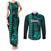 Personalized Hawaii Hauoli Makahiki Hou Couples Matching Tank Maxi Dress and Long Sleeve Button Shirts Lono Hawaiian God Kakau Polynesian Tribal Turquoise LT05 Turquoise - Polynesian Pride