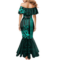 Personalized Hawaii Hauoli Makahiki Hou Family Matching Mermaid Dress and Hawaiian Shirt Lono Hawaiian God Kakau Polynesian Tribal Turquoise LT05 - Polynesian Pride