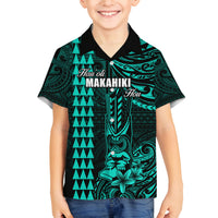 Personalized Hawaii Hauoli Makahiki Hou Family Matching Off Shoulder Short Dress and Hawaiian Shirt Lono Hawaiian God Kakau Polynesian Tribal Turquoise LT05 Son's Shirt Turquoise - Polynesian Pride