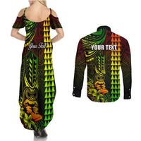 Personalized Hawaii Hauoli Makahiki Hou Couples Matching Summer Maxi Dress and Long Sleeve Button Shirts Lono Hawaiian God Kakau Polynesian Tribal Reggae LT05 - Polynesian Pride