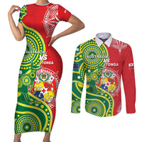 Custom Tonga Australia Rugby Couples Matching Short Sleeve Bodycon Dress and Long Sleeve Button Shirt Kangaroos And Tonga Mate Maa Together